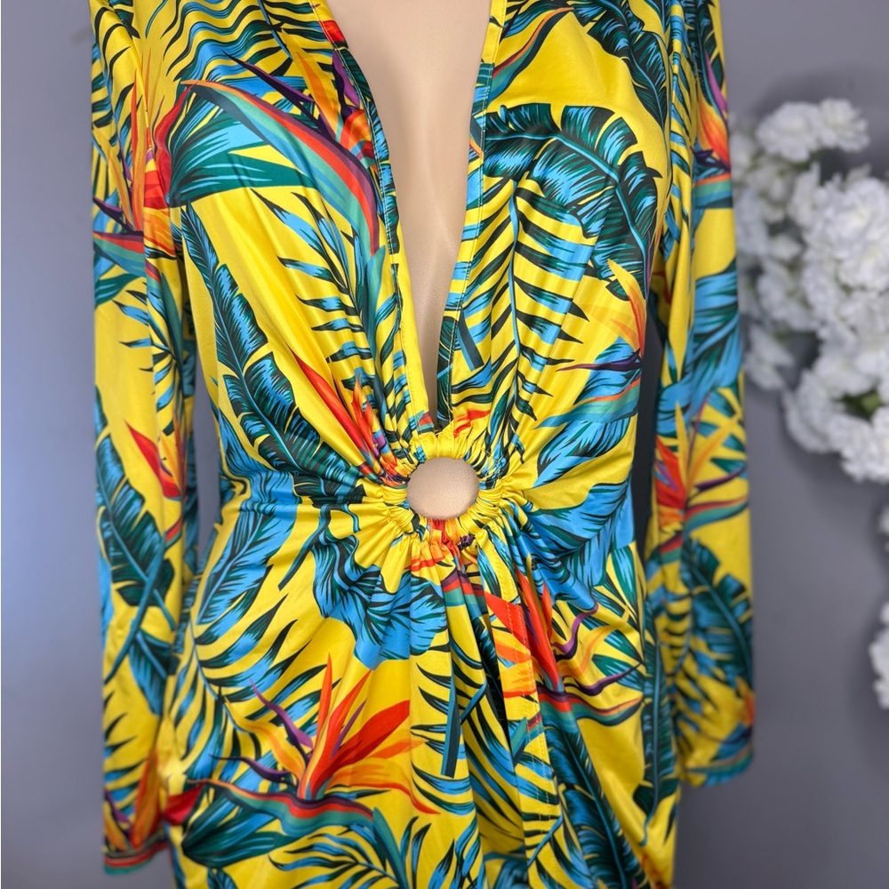 SHEIN Yellow Tropical Long Sleeve Dress